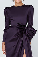 Load image into Gallery viewer, Dark Purple Long Sleeves Crew Neck Formal Dress with Bow