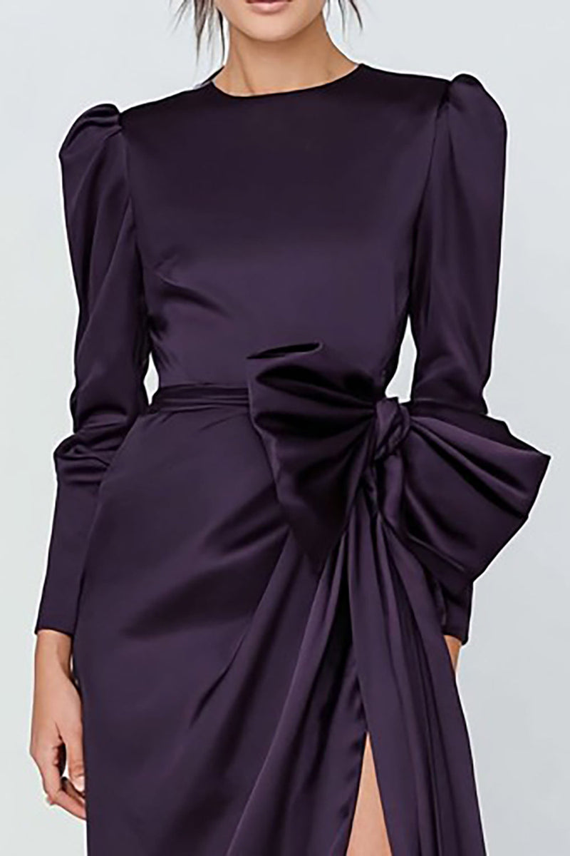 Load image into Gallery viewer, Dark Purple Long Sleeves Crew Neck Formal Dress with Bow