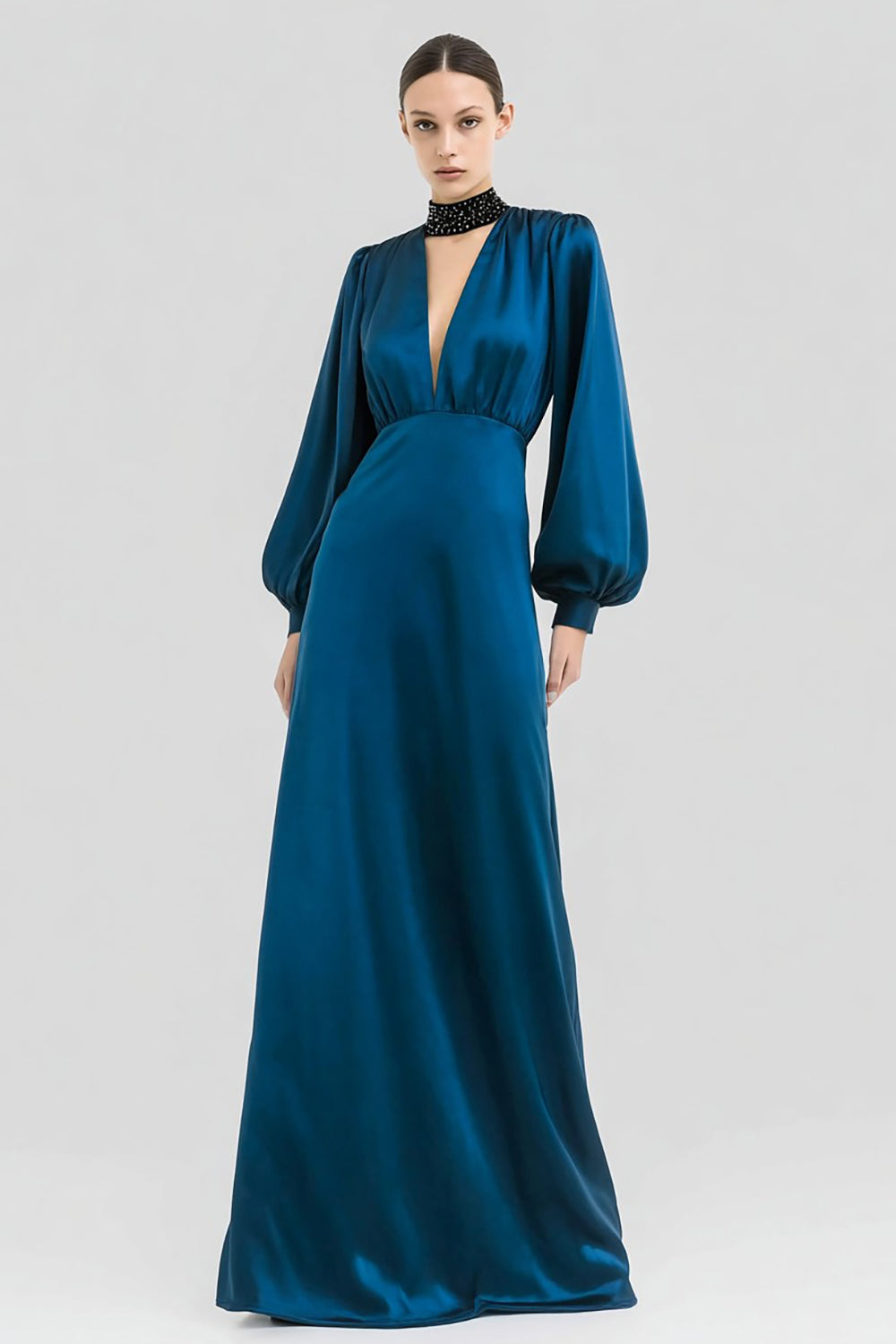 Sparkly Dark Blue Long Sleeves Satin Formal Dress with Beading