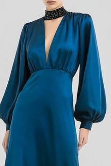 Sparkly Dark Blue Long Sleeves Satin Formal Dress with Beading