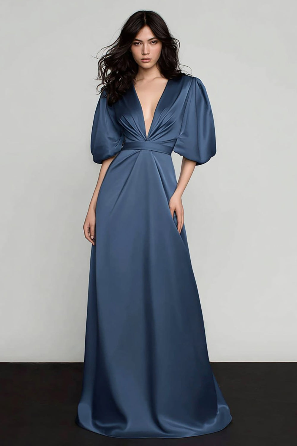 Sparkly Dark Blue V-Neck A-Line Satin Long Formal Dress