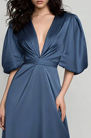 Load image into Gallery viewer, Sparkly Dark Blue V-Neck A-Line Satin Long Formal Dress