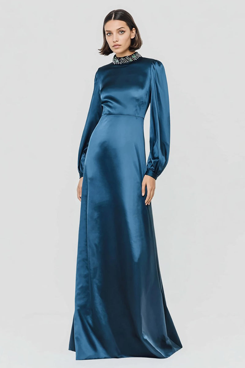 Load image into Gallery viewer, Sparkly Dark Blue A-Line High Neck Long Formal Dress with Beading