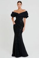 Load image into Gallery viewer, Sparkly Black Sequin Off the Shoulder Mermaid Long Formal Dress