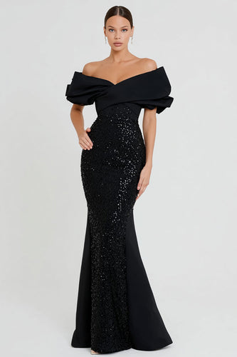 Sparkly Black Sequin Off the Shoulder Mermaid Long Formal Dress