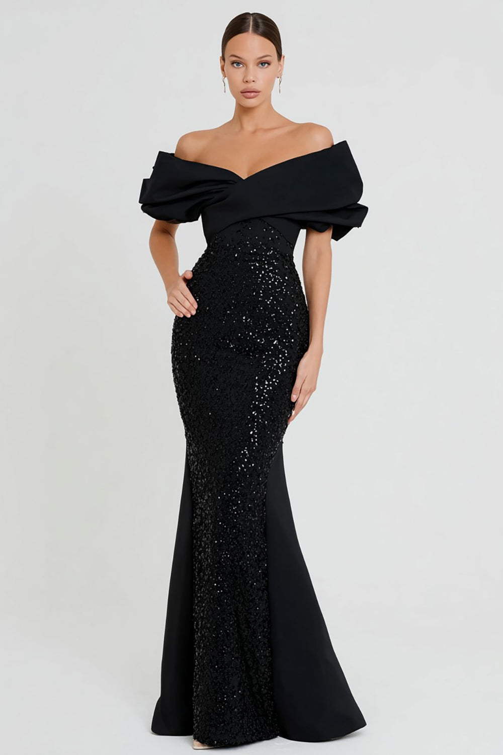 Sparkly Black Sequin Off the Shoulder Mermaid Long Formal Dress