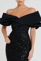 Load image into Gallery viewer, Sparkly Black Sequin Off the Shoulder Mermaid Long Formal Dress