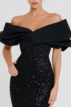 Sparkly Black Sequin Off the Shoulder Mermaid Long Formal Dress