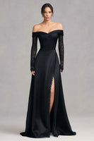 Load image into Gallery viewer, Black Off the Shoulder Lace Long Sleeves Formal Dress with Slit