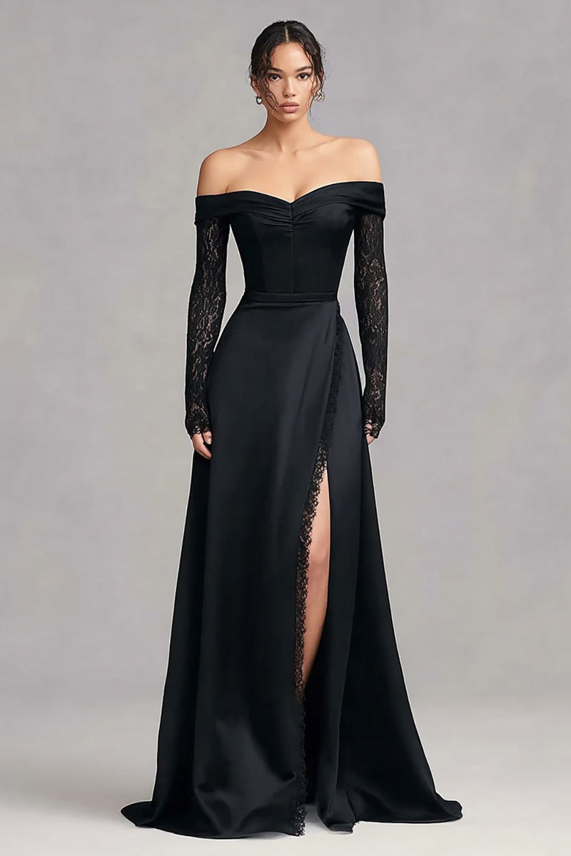 Load image into Gallery viewer, Black Off the Shoulder Lace Long Sleeves Formal Dress with Slit