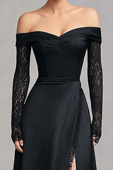 Black Off the Shoulder Lace Long Sleeves Formal Dress with Slit