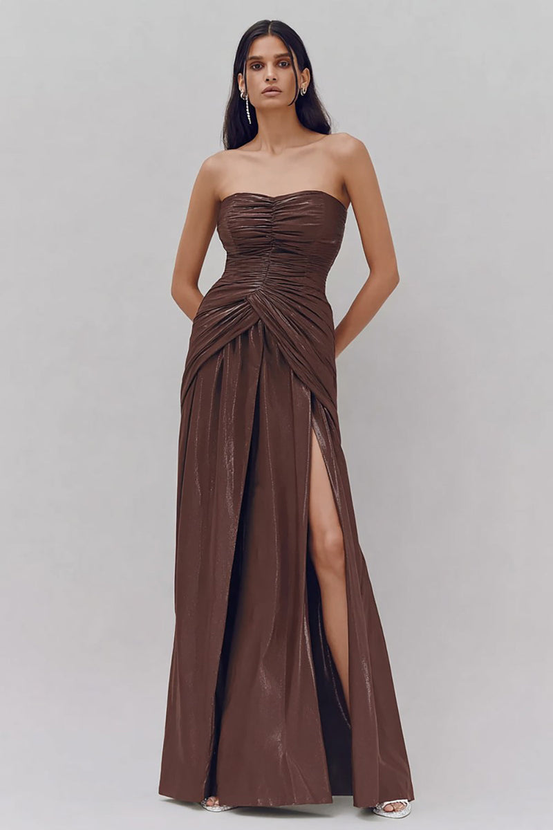 Load image into Gallery viewer, Coffee Strapless Ruched Sheath Long Formal Dress with Slit