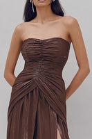 Load image into Gallery viewer, Coffee Strapless Ruched Sheath Long Formal Dress with Slit