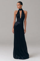 Load image into Gallery viewer, Glitter Maxi Halter Neck Black Tie Dress with Keyhole