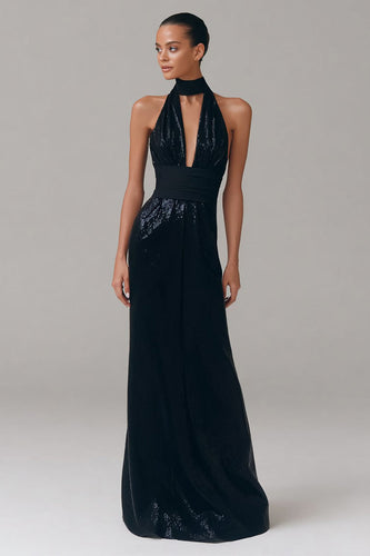 Glitter Maxi Halter Neck Black Tie Dress with Keyhole
