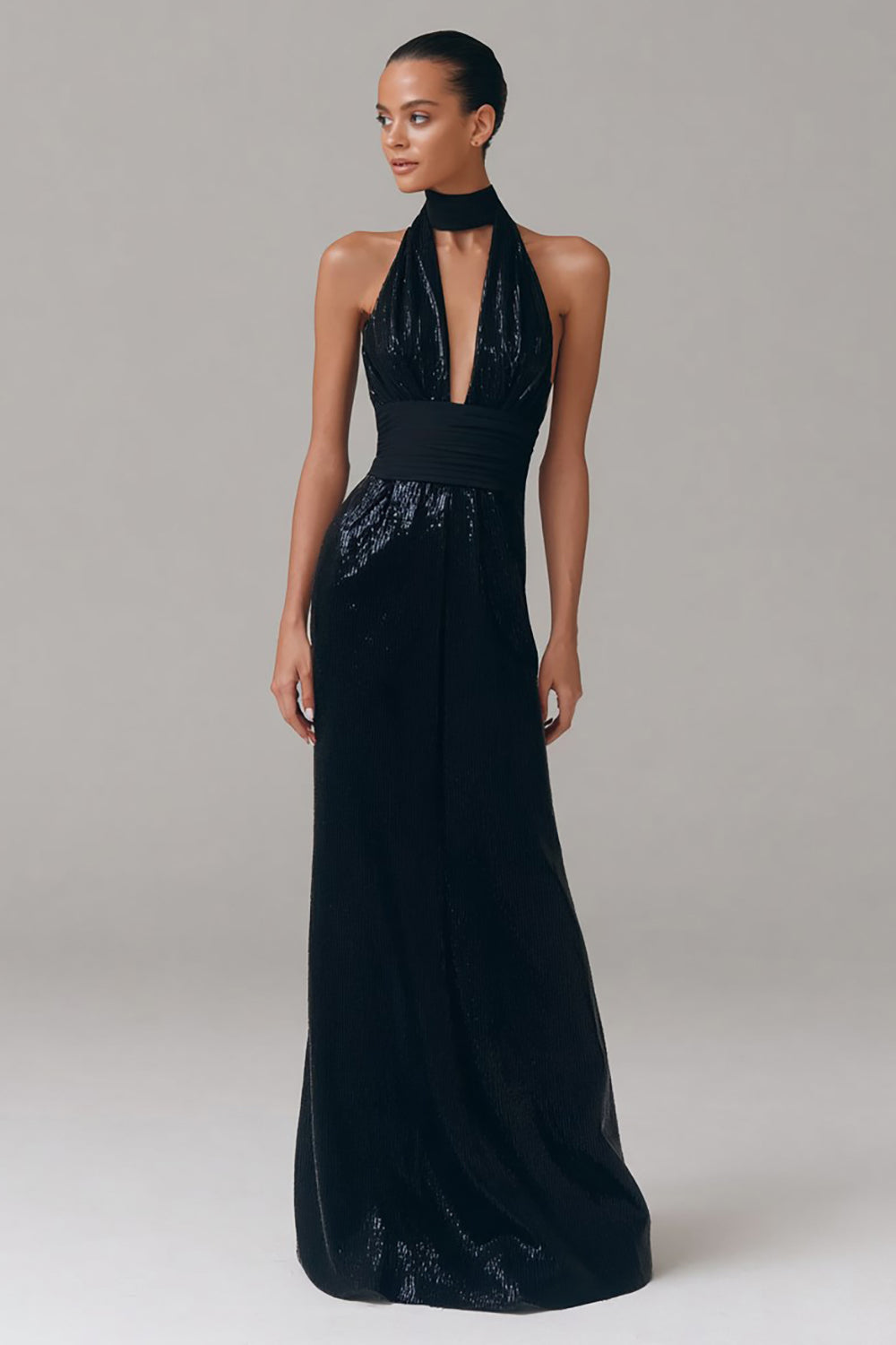 Glitter Maxi Halter Neck Black Tie Dress with Keyhole