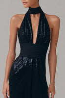 Load image into Gallery viewer, Glitter Maxi Halter Neck Black Tie Dress with Keyhole