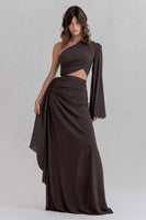 Load image into Gallery viewer, Coffee One Shoulder Cut Out Ruched Long Formal Dress with Sleeves