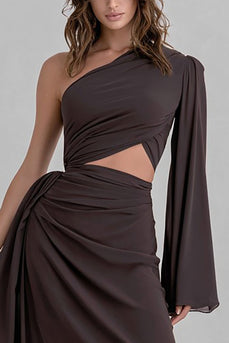 Coffee One Shoulder Cut Out Ruched Long Formal Dress with Sleeves