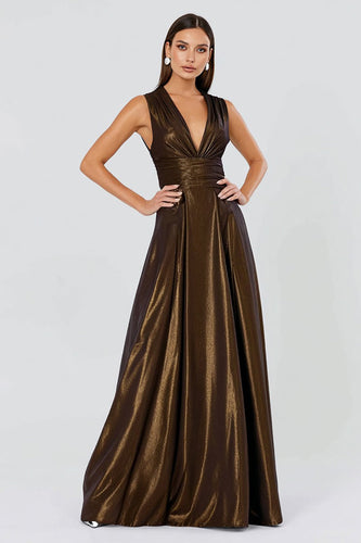Glitter Brown V-Neck Pleated A-Line Long Formal Dress