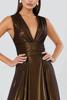 Load image into Gallery viewer, Glitter Brown V-Neck Pleated A-Line Long Formal Dress