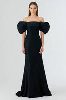 Load image into Gallery viewer, Sparkly Black Mermaid Off the Shoulder Long Formal Dress