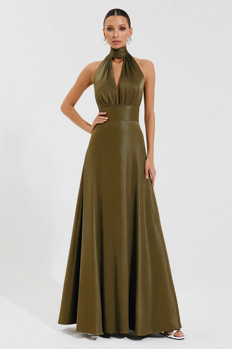 Load image into Gallery viewer, Olive A-Line High Neck Long Formal Dress with Keyhole