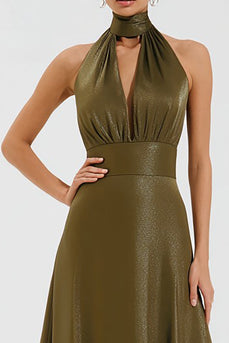 Olive A-Line High Neck Long Formal Dress with Keyhole
