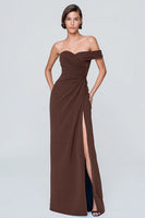 Load image into Gallery viewer, Coffee Asymmetrical Neck Long Ruched Formal Dress with Slit