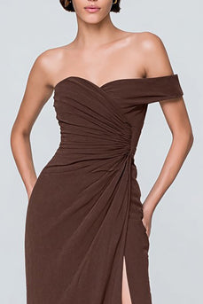 Coffee Asymmetrical Neck Long Ruched Formal Dress with Slit