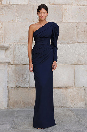 Navy Mermaid One Shoulder Long Formal Dress with Sleeves