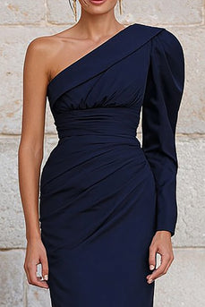 Navy Mermaid One Shoulder Long Formal Dress with Sleeves