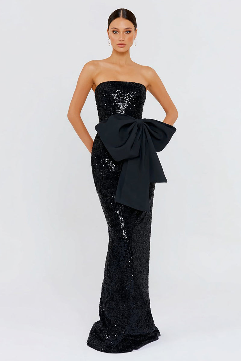 Load image into Gallery viewer, Sparkly Black Mermaid Sequin Long Formal Dress with Bow