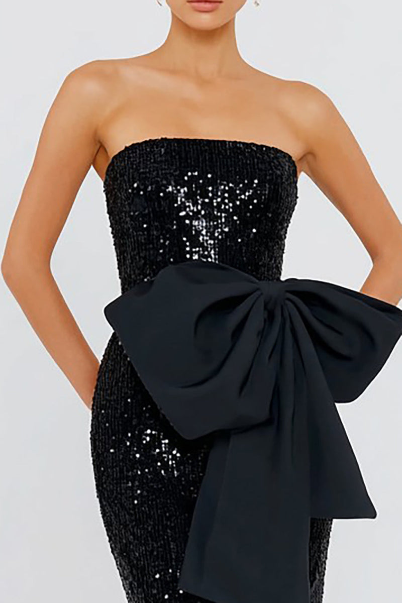 Load image into Gallery viewer, Sparkly Black Mermaid Sequin Long Formal Dress with Bow
