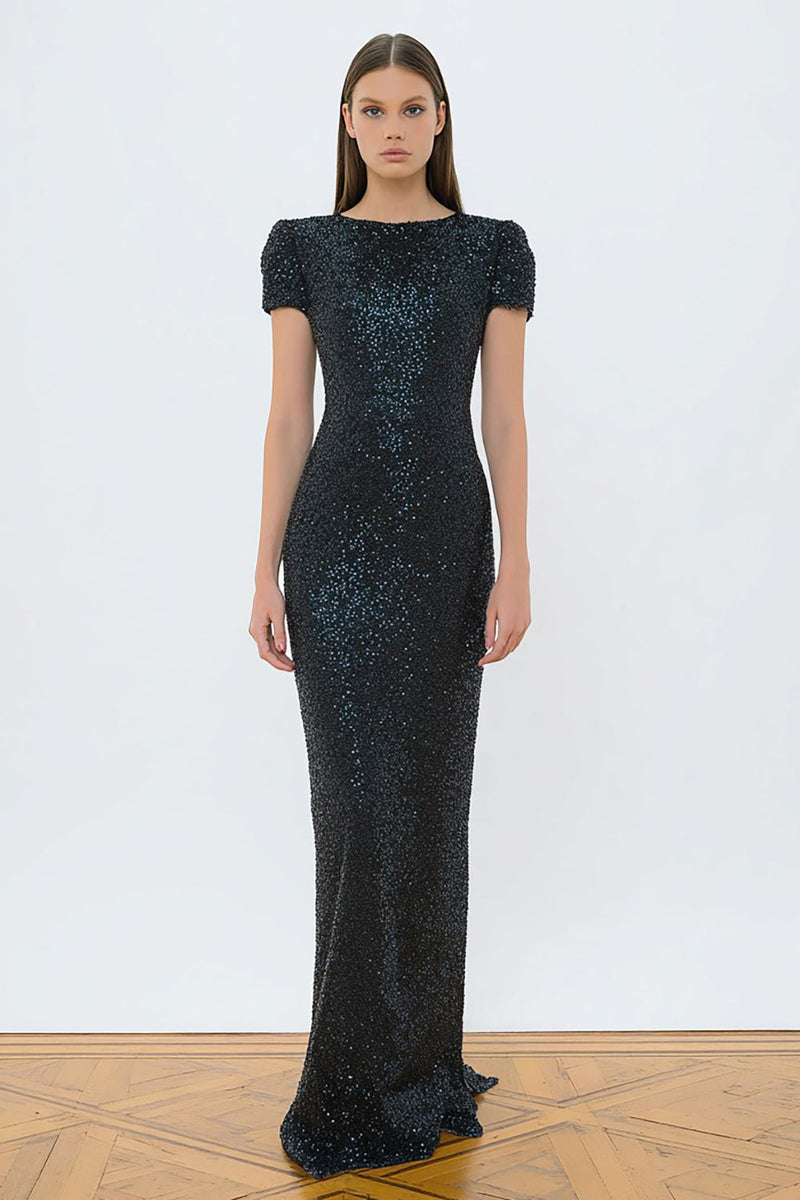 Load image into Gallery viewer, Sparkly Black Mermaid Sequin Long Formal Dress with Sleeves