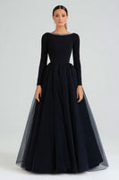 Load image into Gallery viewer, Sparkly A-Line Boat Neck Long Sleeves Black Tie Dress with Beading