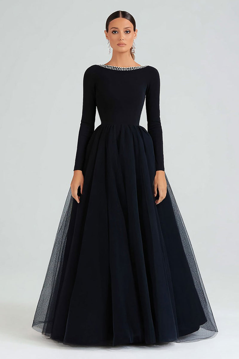 Load image into Gallery viewer, Sparkly A-Line Boat Neck Long Sleeves Black Tie Dress with Beading