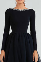 Load image into Gallery viewer, Sparkly A-Line Boat Neck Long Sleeves Black Tie Dress with Beading