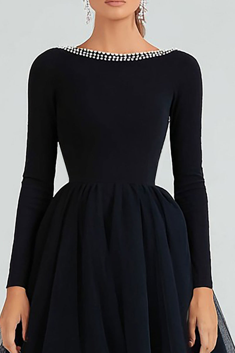 Load image into Gallery viewer, Sparkly A-Line Boat Neck Long Sleeves Black Tie Dress with Beading