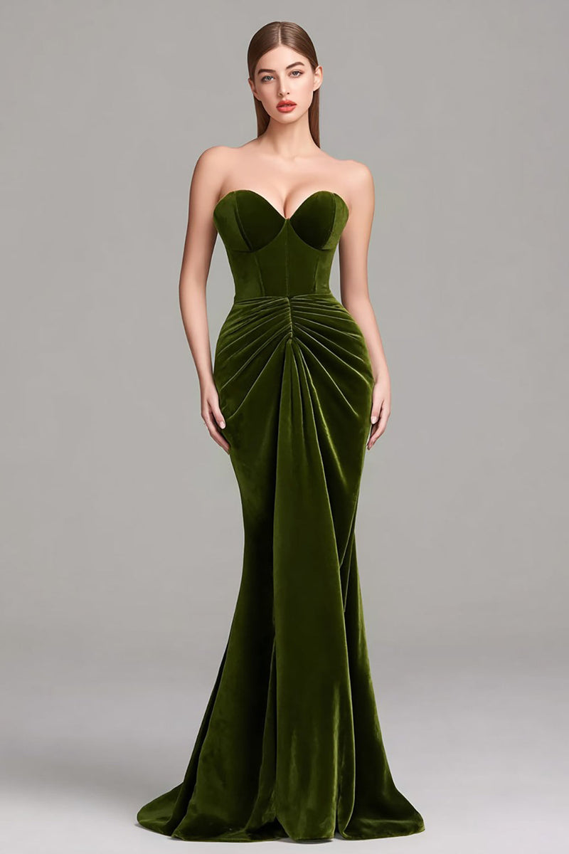 Load image into Gallery viewer, Olive Velvet Mermaid Sweetheart Ruched Long Corset Formal Dress