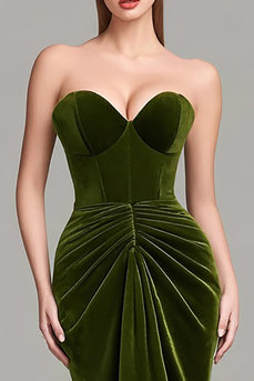Olive Velvet Mermaid Sweetheart Ruched Long Corset Formal Dress