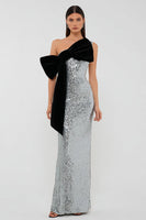 Load image into Gallery viewer, Sparkly Silver Sequins Long Sheath Formal Dress with Bow