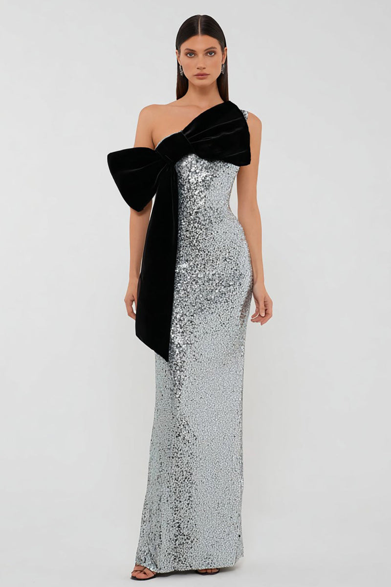 Load image into Gallery viewer, Sparkly Silver Sequins Long Sheath Formal Dress with Bow