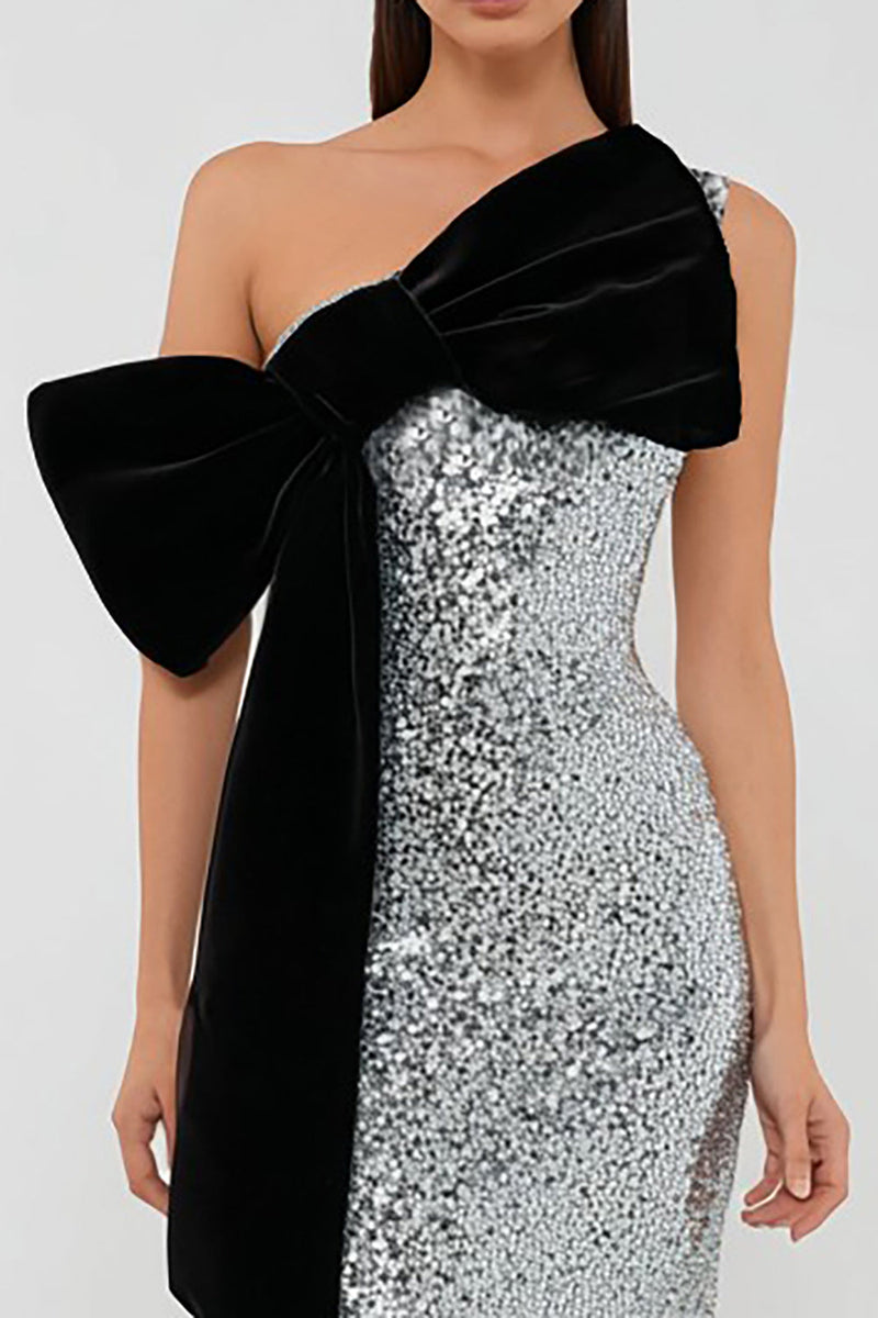 Load image into Gallery viewer, Sparkly Silver Sequins Long Sheath Formal Dress with Bow