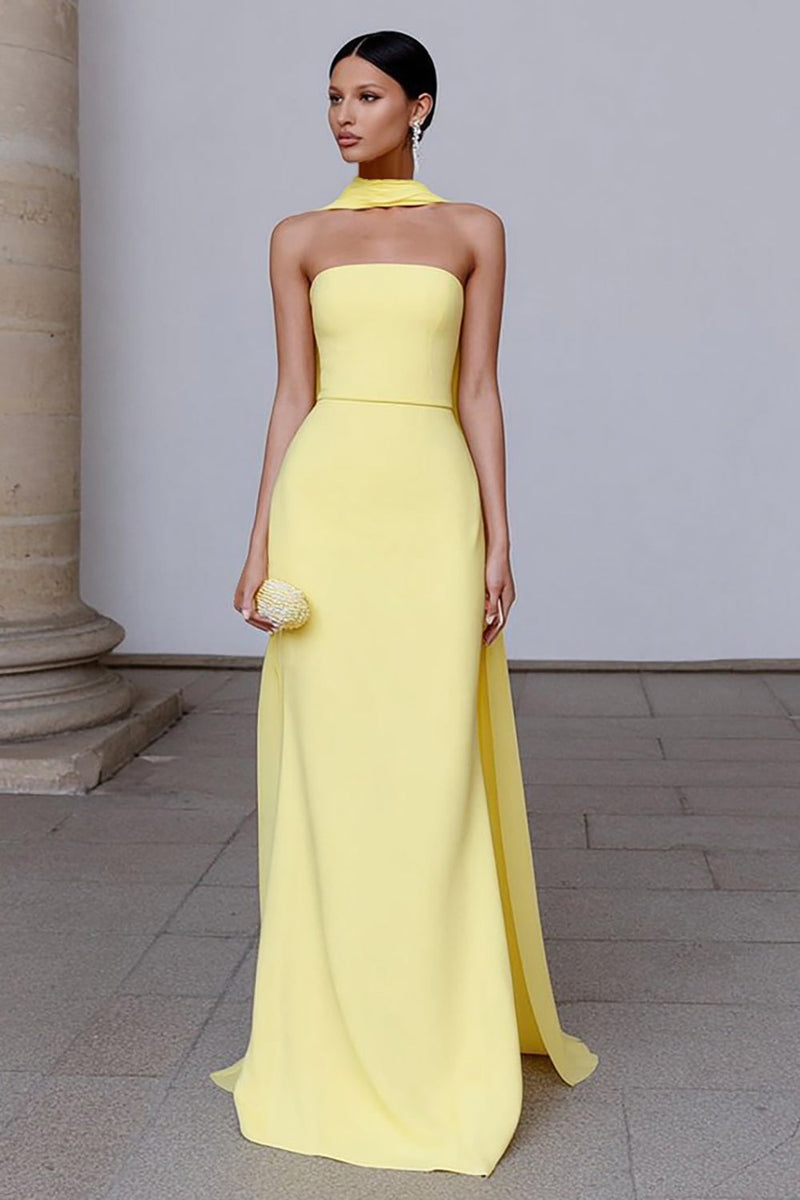 Load image into Gallery viewer, Yellow Strapless Sheath Neck Scarf Long Formal Dress