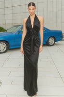 Load image into Gallery viewer, Halter Neck Ruched Sheath Long Black Tie Dress