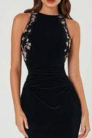 Load image into Gallery viewer, Sparkly Black Crew Neck Bodycon Floral Long Formal Dress with Beading