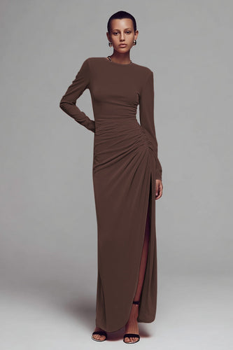 Coffee Crew Neck Velvet Ruched Long Formal Dress with Slit