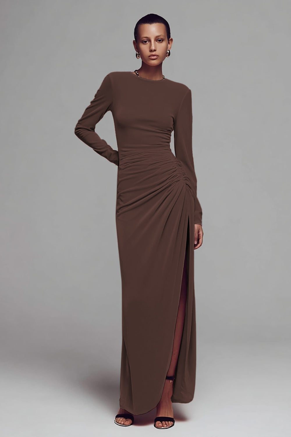 Coffee Crew Neck Velvet Ruched Long Formal Dress with Slit