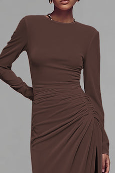 Coffee Crew Neck Velvet Ruched Long Formal Dress with Slit